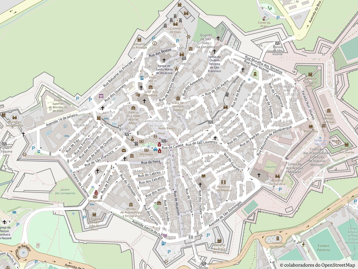 Mapa do centro histórico de Elvas dentro das muralhas, com o Kudissama assinalado no canto da Praça da República